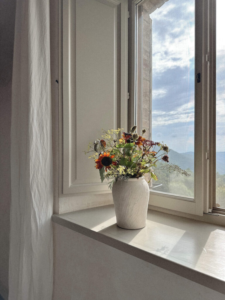 flowers in light by an open window