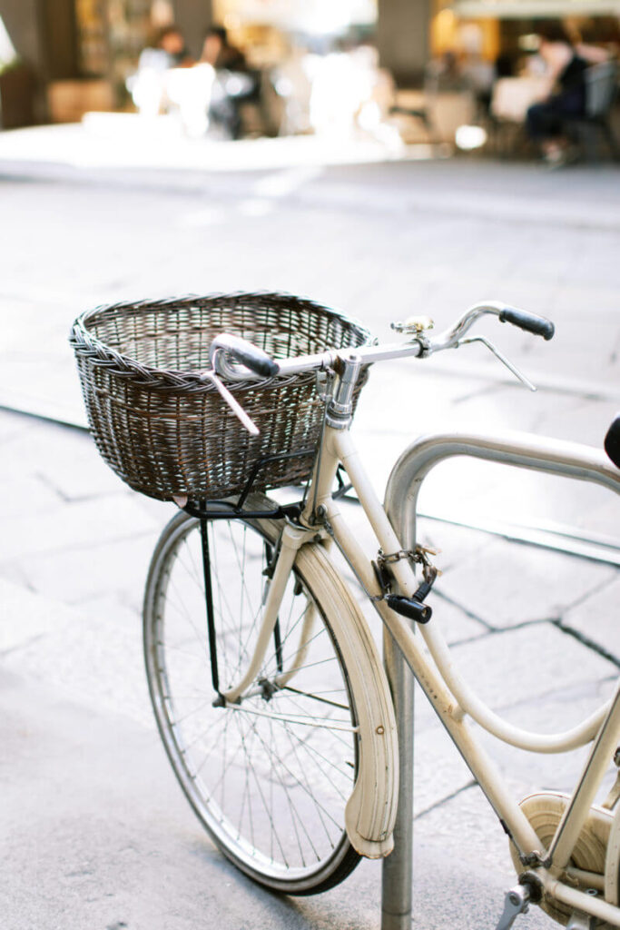 a white bike and basket for a bike ride